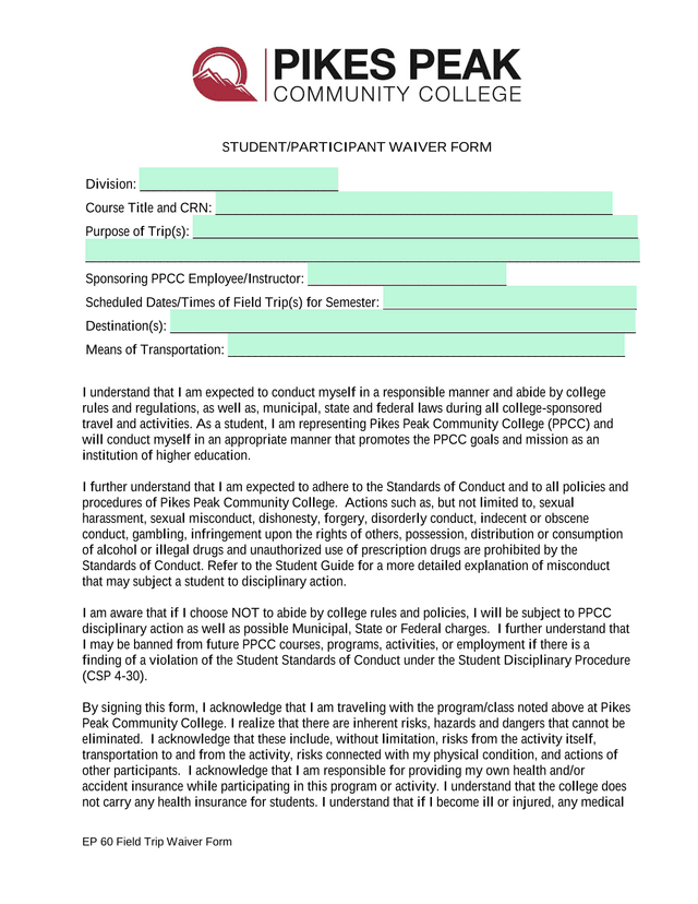 EP 60 Field Trip Waiver Form screenshot