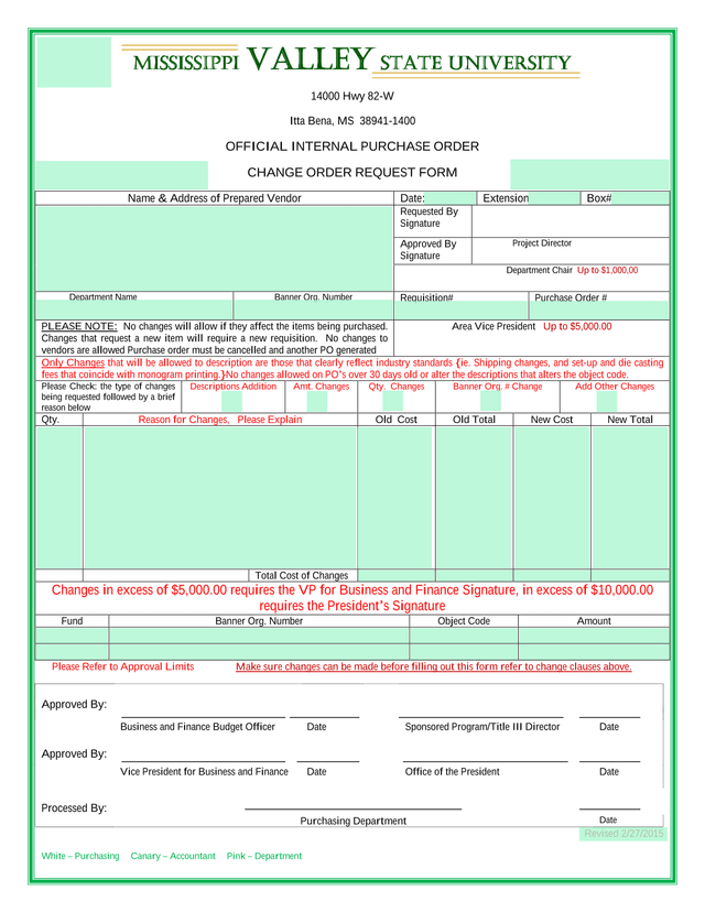 OFFICIAL INTERNAL PURCHASE ORDER CHANGE ORDER REQUEST FORM screenshot