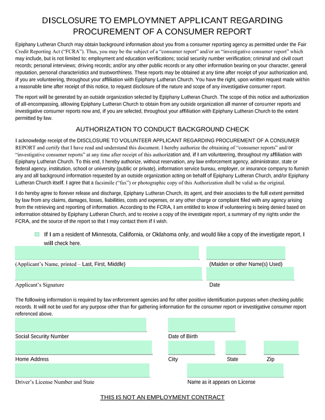 Disclosure To Employment Applicant Regarding Procurement Of A Consumer Report screenshot