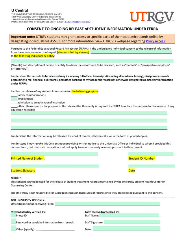 Consent To Ongoing Release Of Student Information Under FERPA screenshot