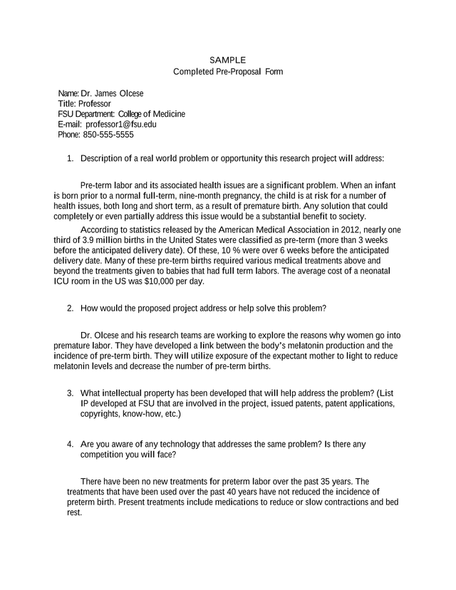 Completed Pre Proposal Form screenshot