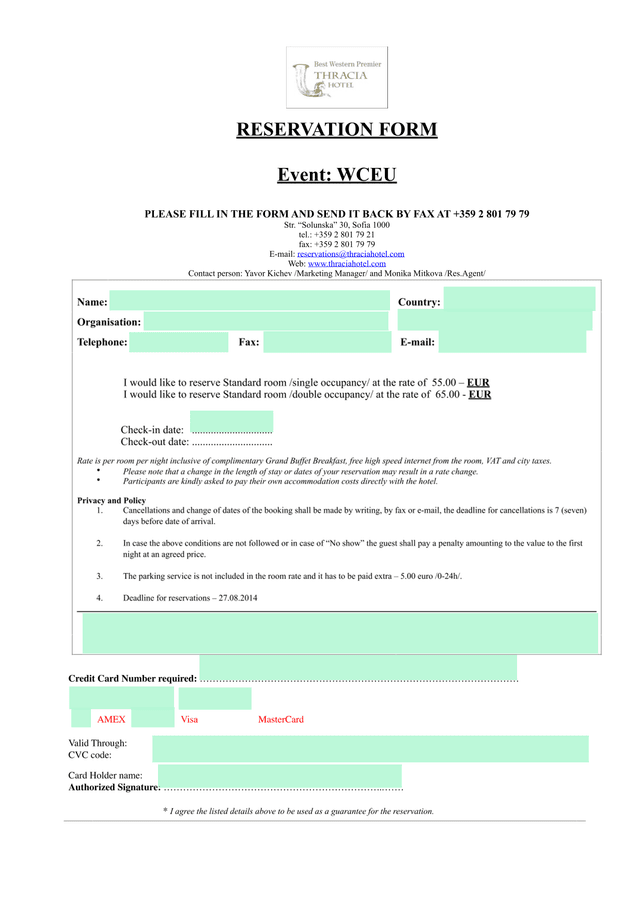 RESERVATION FORM screenshot