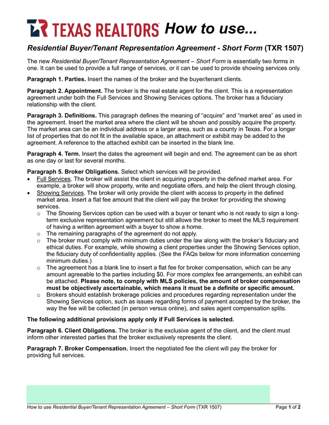 Residential BuyerTenant Representation Agreement  Short Form (TXR 1507) screenshot