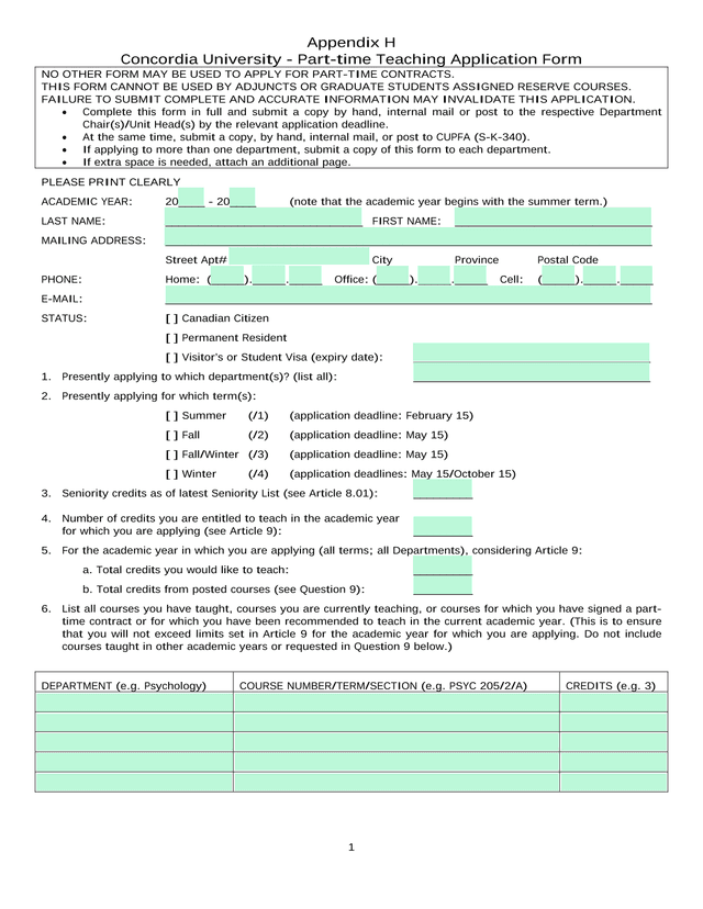 Concordia University   Part Time Teaching Application Form screenshot