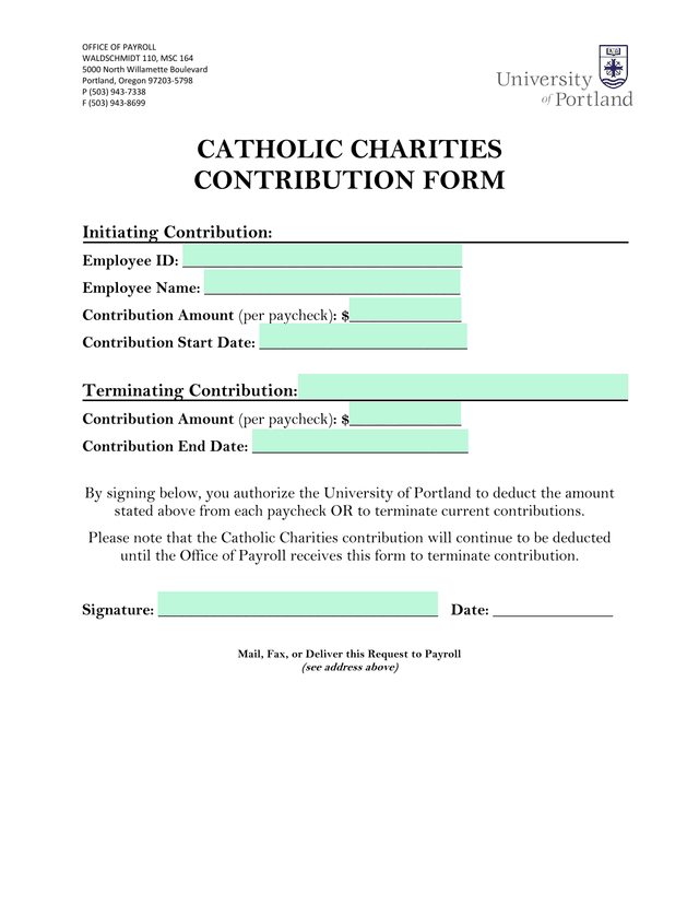 Catholic Charities Contribution Form screenshot