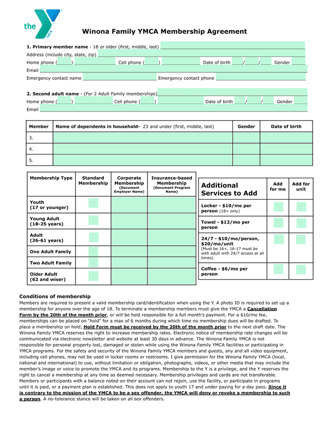 Winona Family YMCA Membership Agreement screenshot