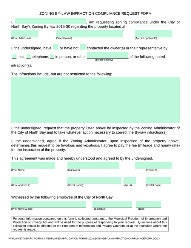 Zoning By Law Infraction Compliance Request Form screenshot