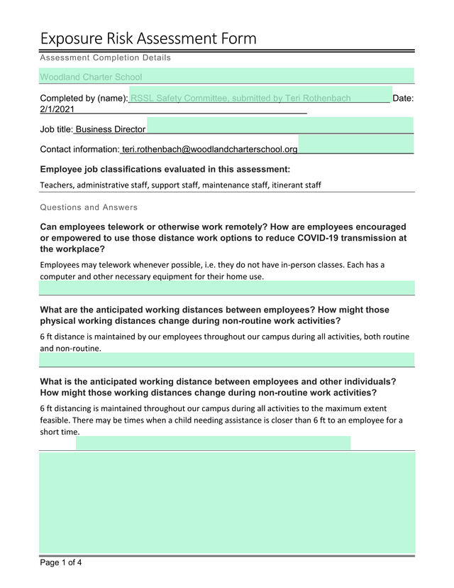 Exposure Risk Assessment Form screenshot