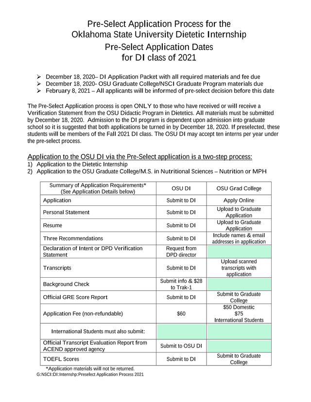 OSU Dietetic Internship Pre Select Application Process screenshot