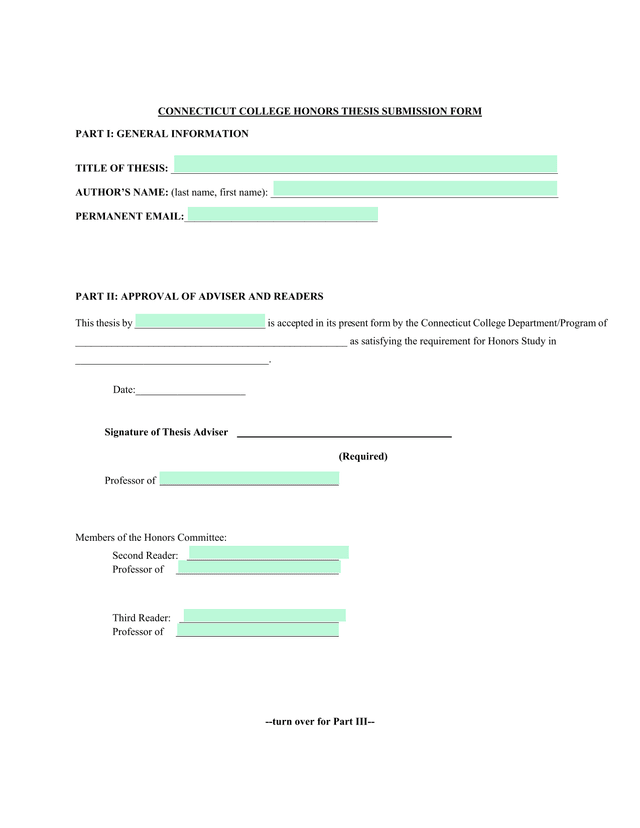 Connecticut College Honors Thesis Submission Form screenshot