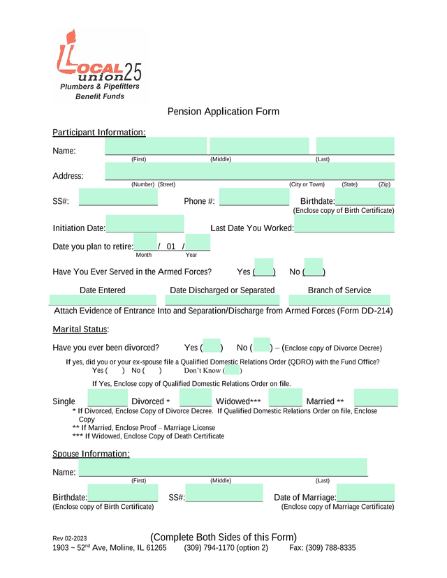 Pension Application Form screenshot