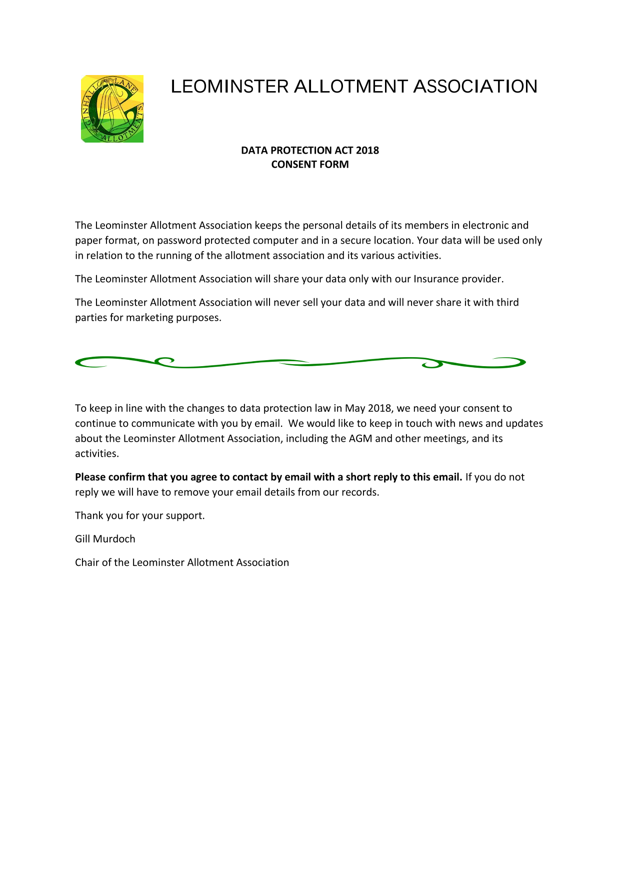 Leominster Allotment Association Data Protection Act 2018 Consent Form screenshot