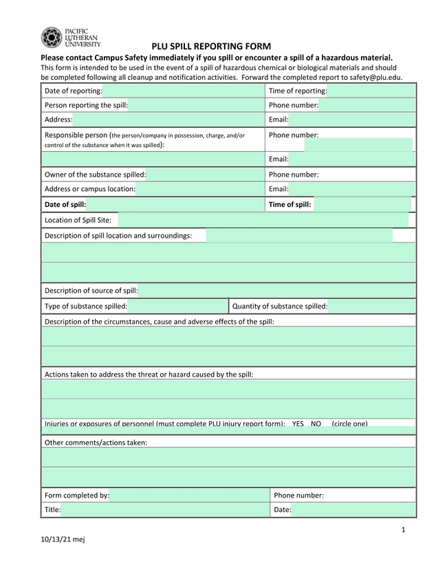 PLU Spill Reporting Form screenshot