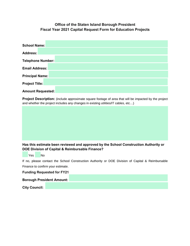 Fiscal Year 2021 Capital Request Form For Education Projects screenshot