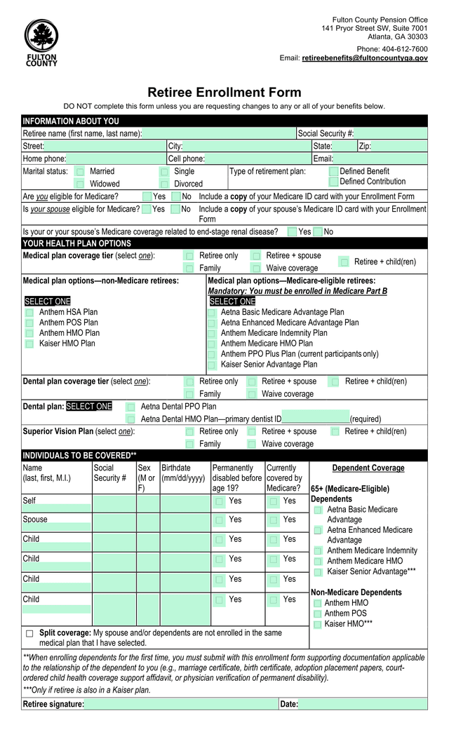 Retiree Enrollment Form screenshot