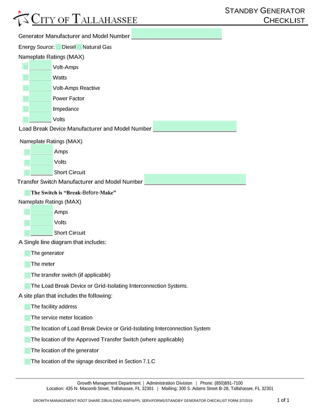 Standby Generator Checklist screenshot