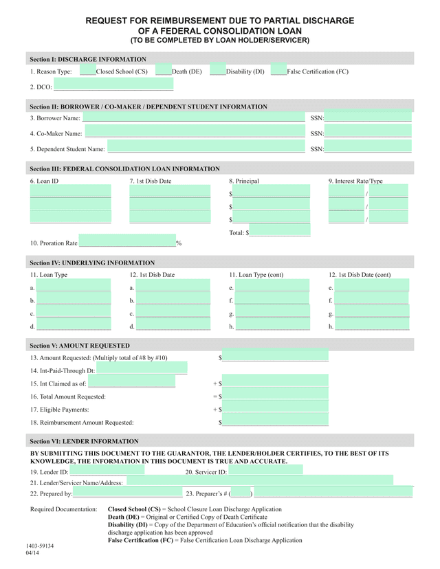 REQUEST FOR REIMBURSEMENT DUE TO PARTIAL DISCHARGE OF A FEDERAL CONSOLIDATION LOAN screenshot