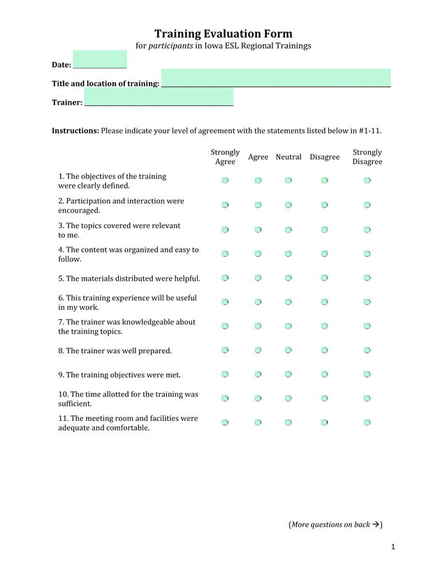Training Evaluation Form For Participants In Iowa ESL Regional Trainings screenshot