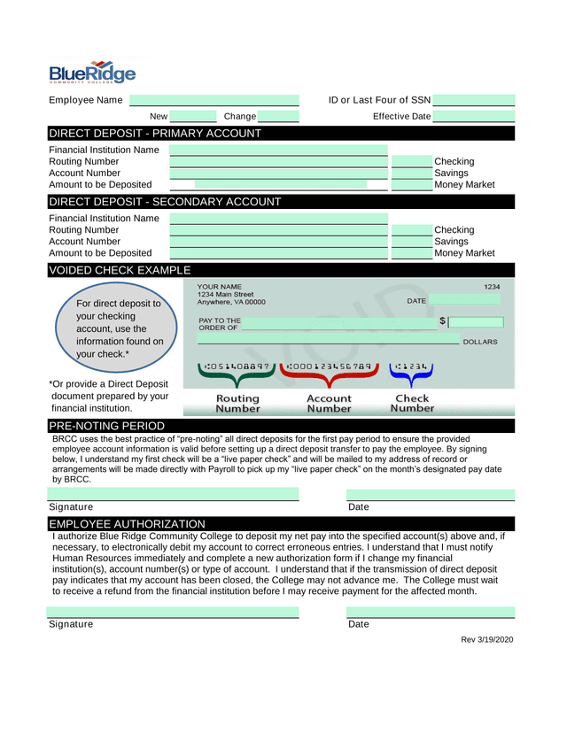 Direct Deposit Authorization Form screenshot