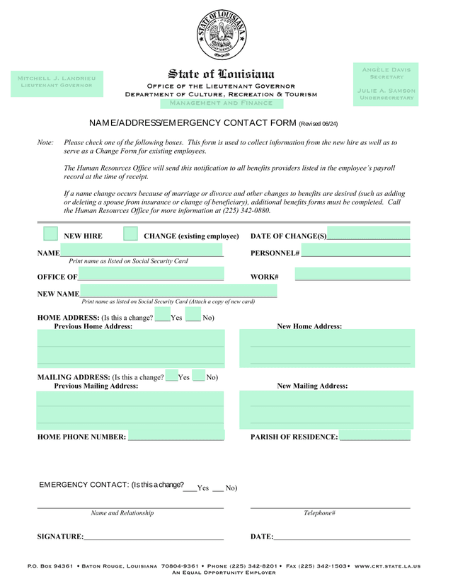 NAMEADDRESSEMERGENCY CONTACT FORM screenshot