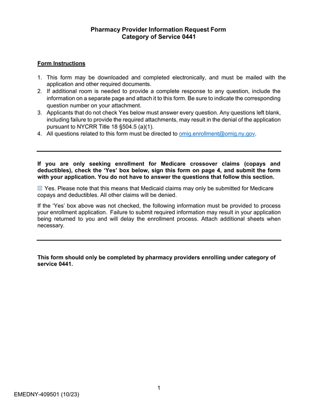 Pharmacy Provider Information Request Form screenshot