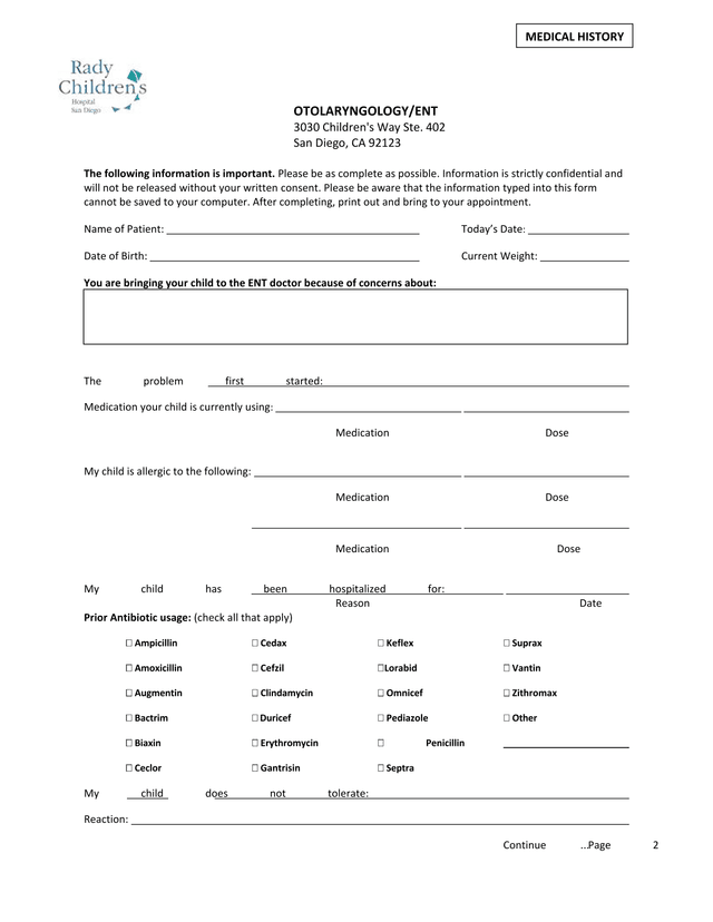 OtolaryngologyENT Medical History Form screenshot