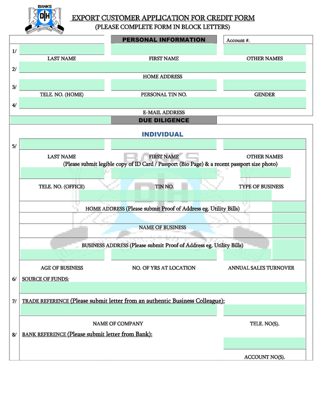 EXPORT CUSTOMER APPLICATION FOR CREDIT FORM screenshot