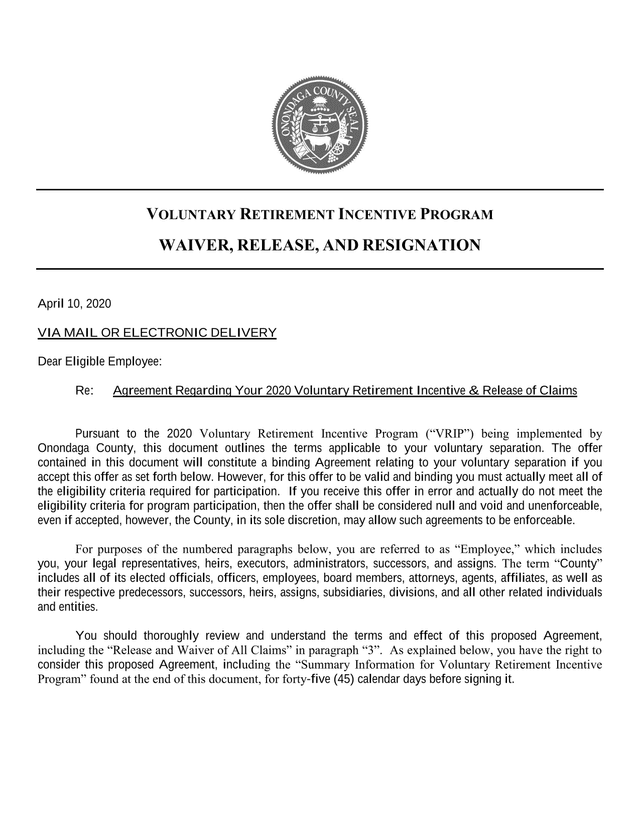 Voluntary Retirement Incentive Program Waiver, Release, And Resignation screenshot