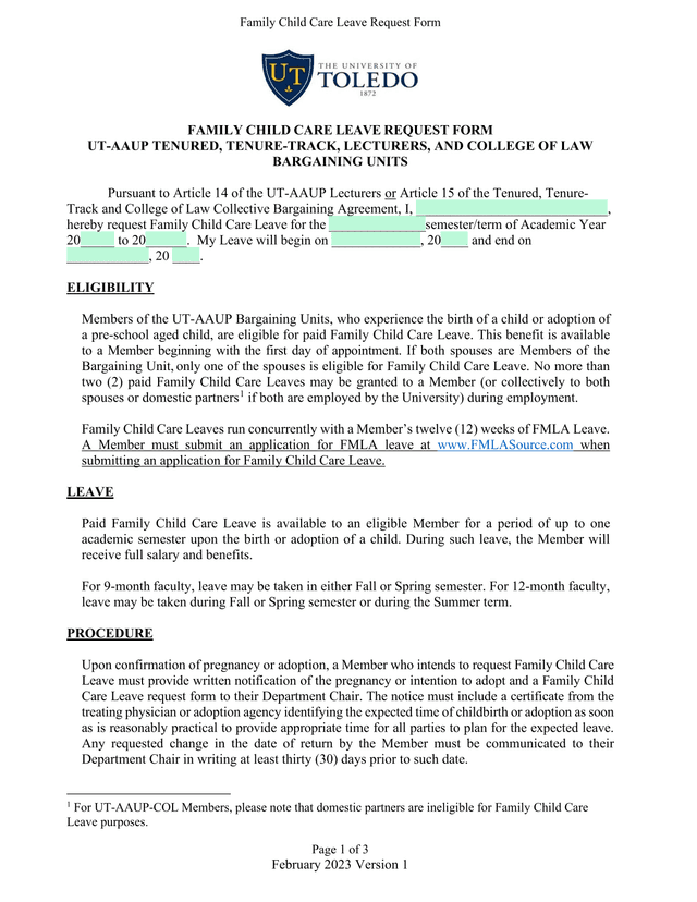 Family Child Care Leave Request Form screenshot