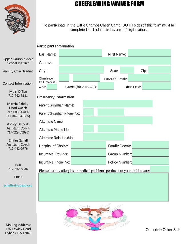 Cheerleading Waiver Form screenshot