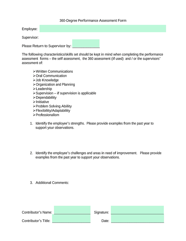 360 Degree Performance Assessment Form screenshot