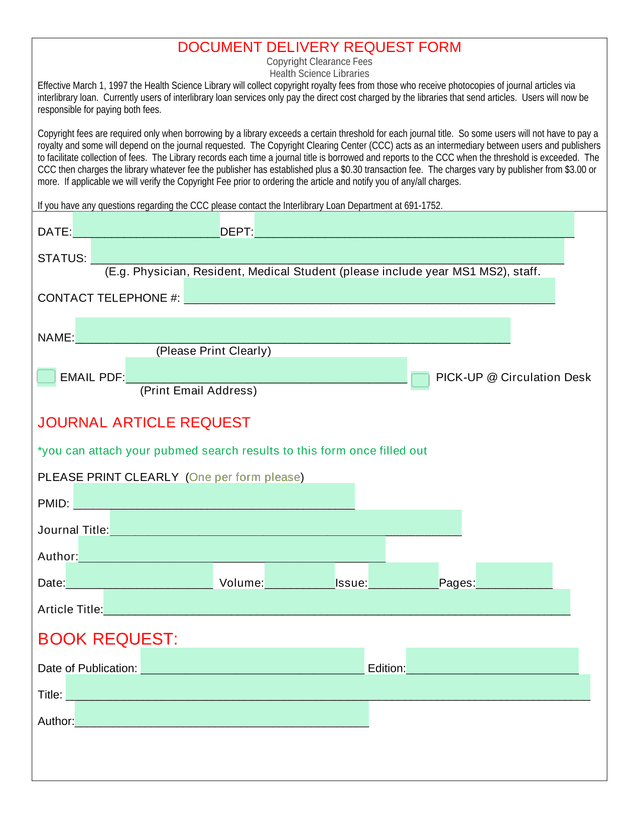 DOCUMENT DELIVERY REQUEST FORM screenshot