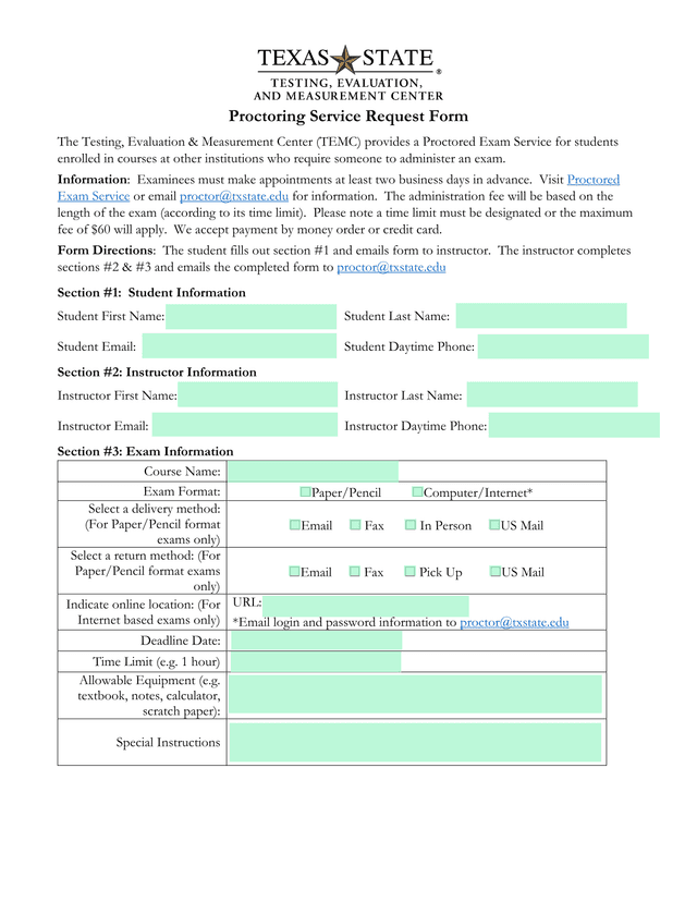 Proctoring Service Request Form screenshot