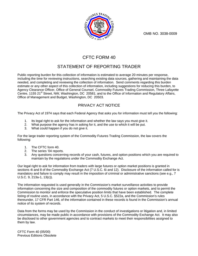 CFTC FORM 40 STATEMENT OF REPORTING TRADER screenshot