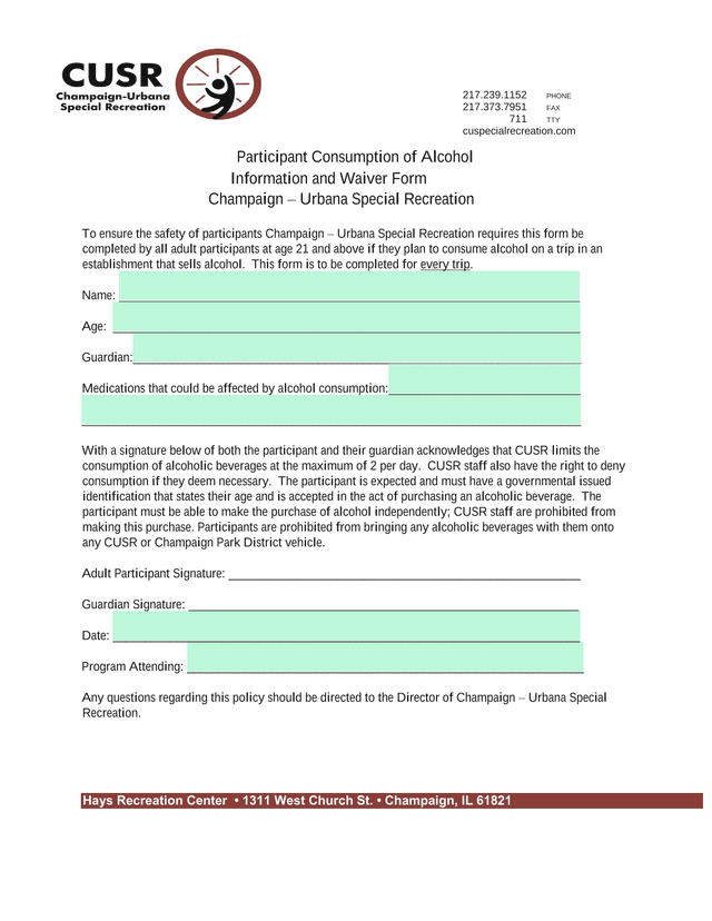 Participant Consumption Of Alcohol Information And Waiver Form screenshot