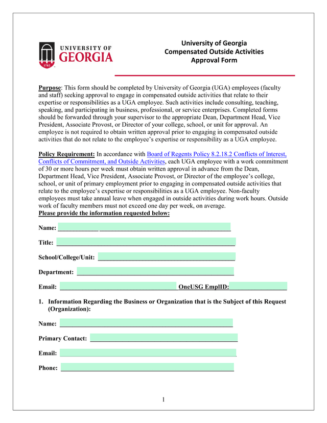 Compensated Outside Activities Approval Form screenshot