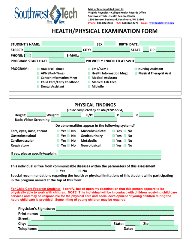 HEALTHPHYSICAL EXAMINATION FORM screenshot