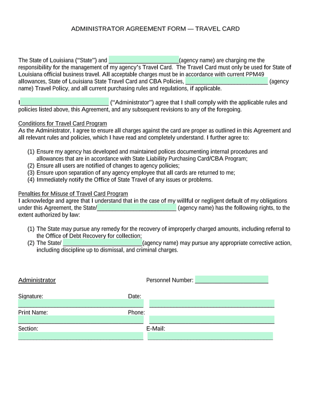 ADMINISTRATOR AGREEMENT FORM  TRAVEL CARD screenshot