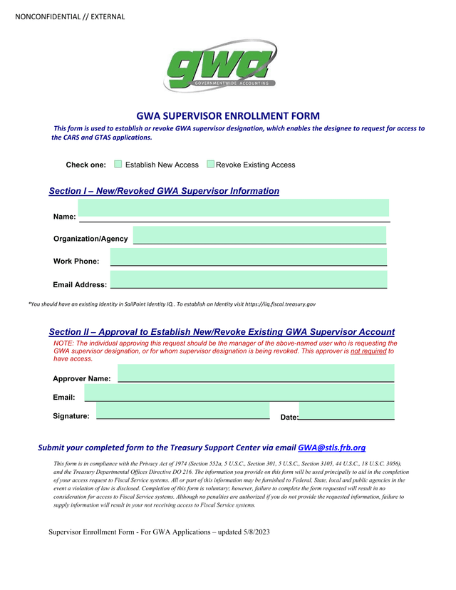 GWA SUPERVISOR ENROLLMENT FORM screenshot