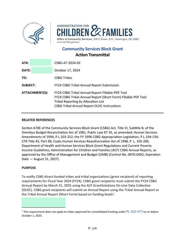 Community Services Block Grant Action Transmittal screenshot