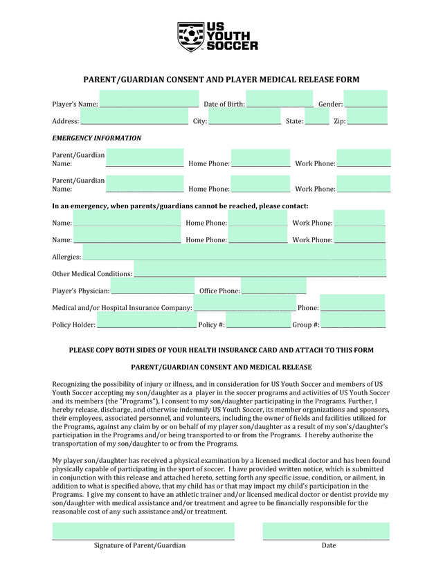 PARENTGUARDIAN CONSENT AND PLAYER MEDICAL RELEASE FORM screenshot