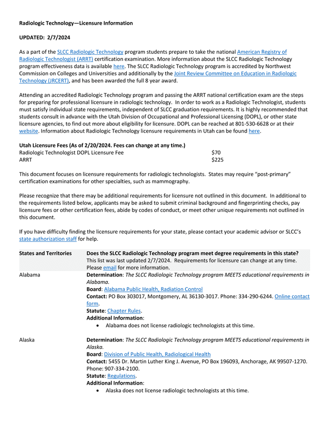 Radiologic TechnologyLicensure Information screenshot