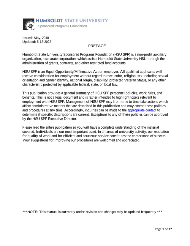 Sponsored Programs Foundation Personnel Policies Manual screenshot