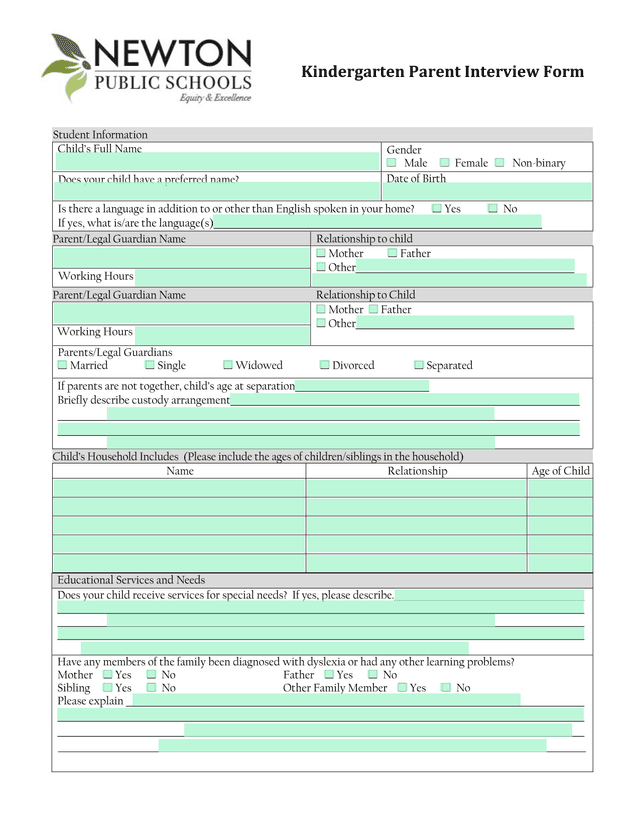 Kindergarten Parent Interview Form screenshot