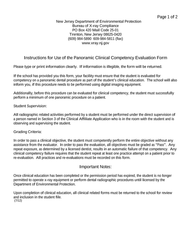 Instructions For Use Of The Panoramic Clinical Competency Evaluation Form screenshot