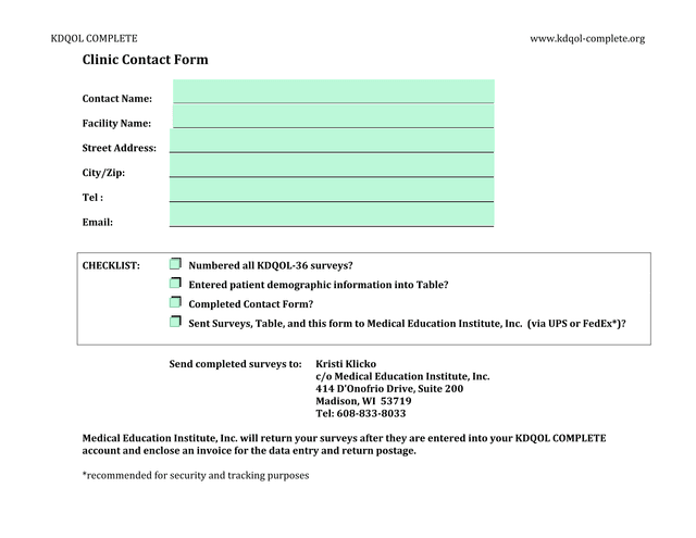 KDQOL COMPLETE Clinic Contact Form screenshot