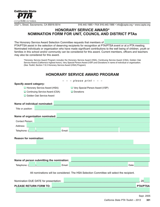 Honorary Service Award Nomination Form screenshot