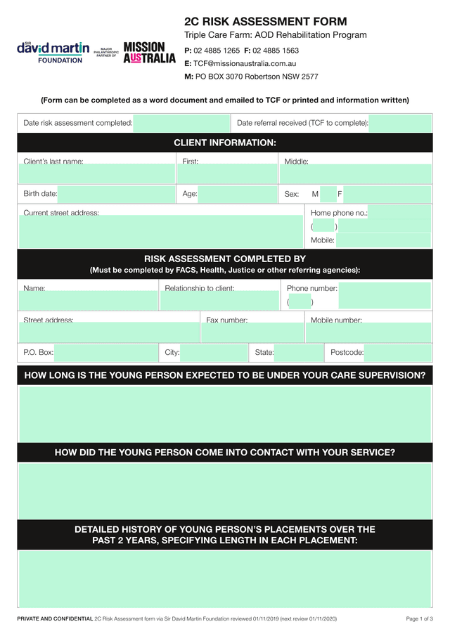 2C Risk Assessment Form screenshot