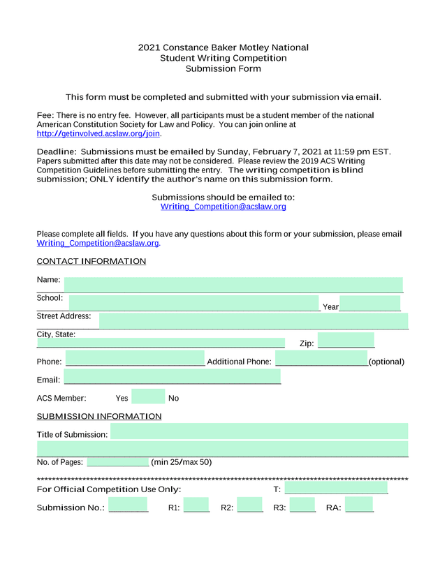 2021 Constance Baker Motley National Student Writing Competition Submission Form screenshot