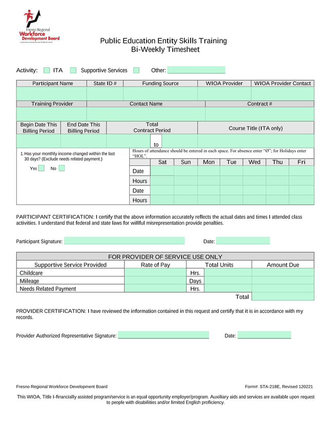 Public Education Entity Skills Training Bi Weekly Timesheet screenshot